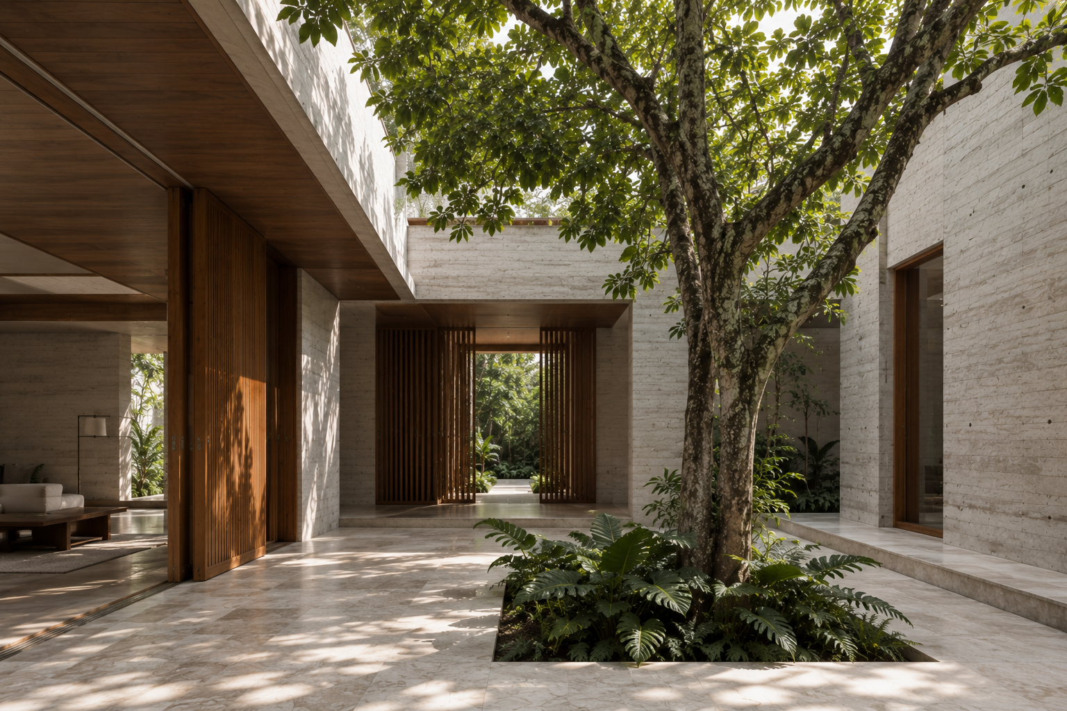 Interior living space of Courtyard House opening toward a planted courtyard